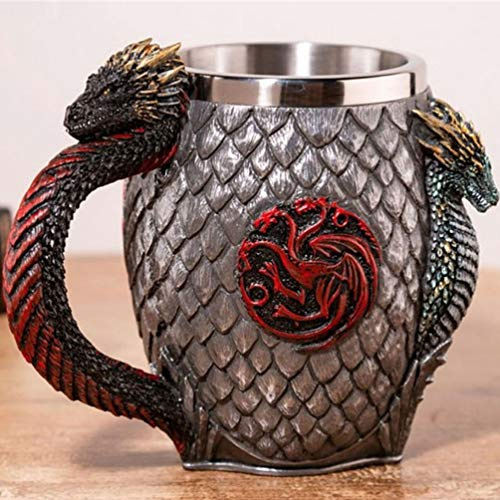 Tasse en Verre à bière Tasse à Boire Tasses Game of Thrones, Dragon Fire and Blood Résine en Acier Inoxydable 3D Chope à bière Tasse à café Tasses en Verre à vin Cadeau de Noël