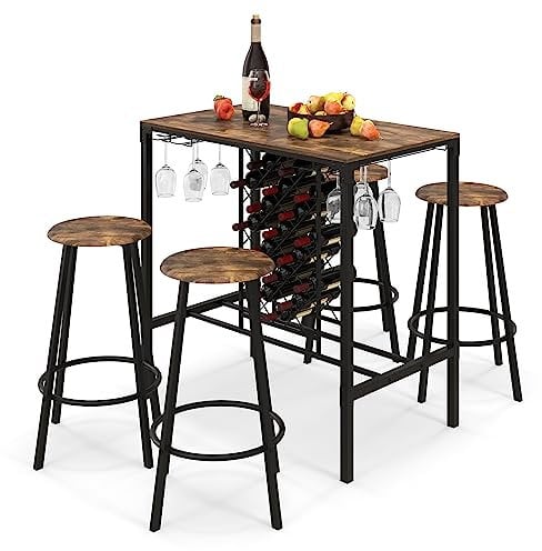 COSTWAY Set Tavolo Bar Alto e 4 Sgabelli, Tavolo Alto con Sgabelli 5 Pezzi per 4 Persone, Tavolo Isola da Cucina con Portabottiglie e Porta Calici, Mobili Bar per Casa Ristorante Bar