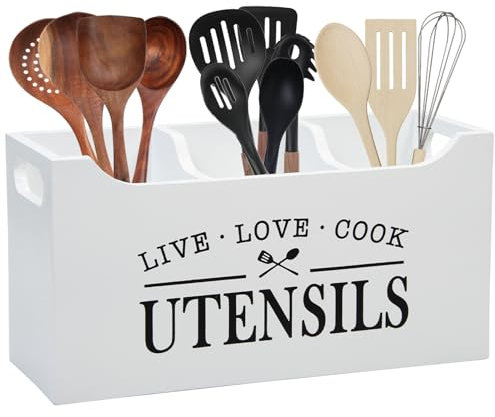Karisky Soporte para utensilios de cocina con parte inferior de drenaje, organizador grande de 3 compartimentos de madera maciza para encimera de cocina, almacenamiento de herramientas de cocina de