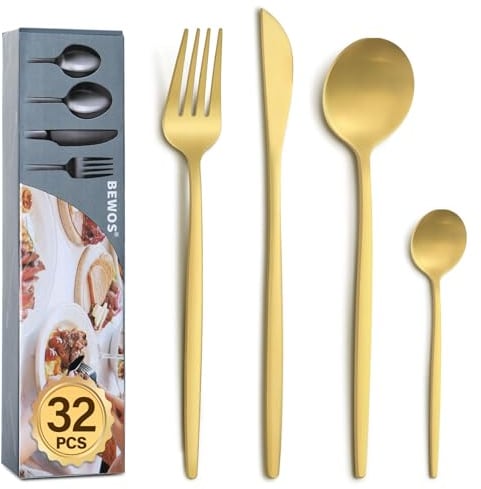 BEWOS 32 Piece Gold Cutlery Set for 8, Cutlery Includes Forks, Steak Knives and Spoons, Dishwasher Safe Tableware for Home Restaurants, Knife and Fork Sets Food-Grade Stainless Steel