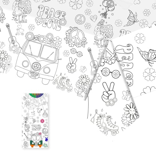 Tischdecke zum Ausmalen,137x274cm Papiertischdecke zum Ausmalen,Bemalbare Tischdecke Hippie,Ausmal Tischdecke,Deko Kindergeburtstag,Kreative Kinderbeschäftigung,Ausmalen Tiere,Mal Mich Bunt