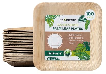 ECOPICNIC Piatti Quadrati in Foglia di Palma 15x15 cm 6 - Confezione da 100 Pezzi | Piatti Biodegradabili e Compostabili Monouso per Finger Food, Aperitivi, Eventi Eleganti e Natale