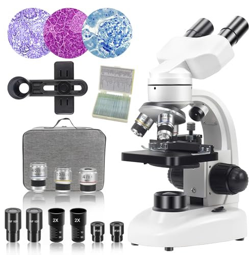 Binokular-Mikroskop für Kinder, Studenten, Erwachsene, 40 x 2000 x, biologische Mikroskope für Labor, Schule, Heimunterricht, mit WF10X- und WF25X-Okularen, mechanische Bühne, 30 Mikroskop-Silden