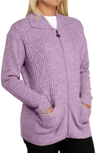 Candid Styles Womens Zipped Cable Knit Long Sleeve Zip Through Fasten Jumper Top Ladies Classic Knitwear Zipper Cardigan Pullover (Lilac, 14-16)