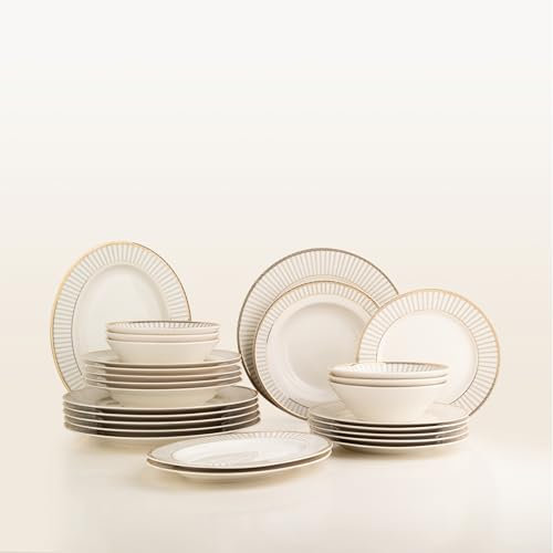 Kütahya Porselen 27-teiliges Geschirrset für 6 Personen – Porzellan Tafelservice mit Goldrand | Speiseteller, Dessertteller, Suppenteller, Schüsseln & Servierplatten – Luxuriös & Elegant