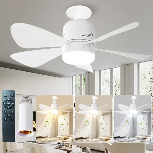 Ventilador De Techo Con Iluminación Y Mando A Distancia E27 - LED 35W Regulable 4 Velocidades Para Dormitorio Salón - Con Luz Y Varilla Extensión Blanco