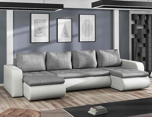 Easy4You Brooklyn Grau und Weiß Kunstleder Ecksofa U-Form 315 cm mit Schlaffunktion und Stauraum - Schlafsofa mit Bettkasten - Moderne Wohnzimmermöbel – Stoff: Lux32/Soft17