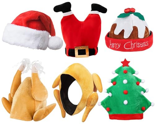 Weihnachtsmützen Erwachsene – 6 Stk. Lustige Hüte – Nikolausmütze, Hähnchen Hut, Weihnachtsmannbeine, Puddingmütze, gefüllter Truthahnhut, Weihnachtsmütze – Witzige Kostüme und Lustige Mützen im Set