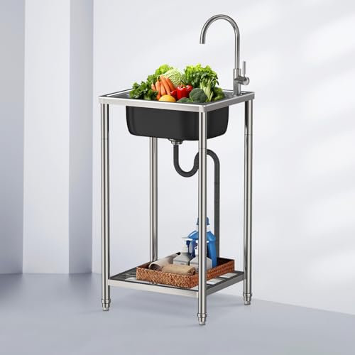 Freistehender Spültisch Edelstahl,50cm Spülbecken Waschbecken Movable Einzelbecken Küche mit Wasserhahn Waschbecken Garten für Außen Hinterhof Garage Camping Bauernhaus