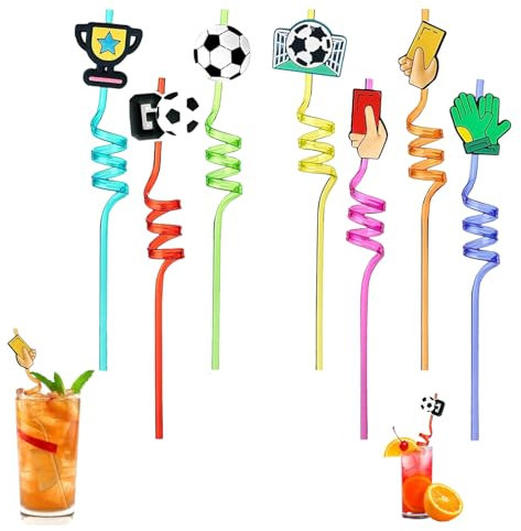14 Pièces Pailles Enfants Reutilisables Football Forme Bouclée Pailles Boire en Plastique Décorations de Fête pour Cocktail Jus de Lait Café