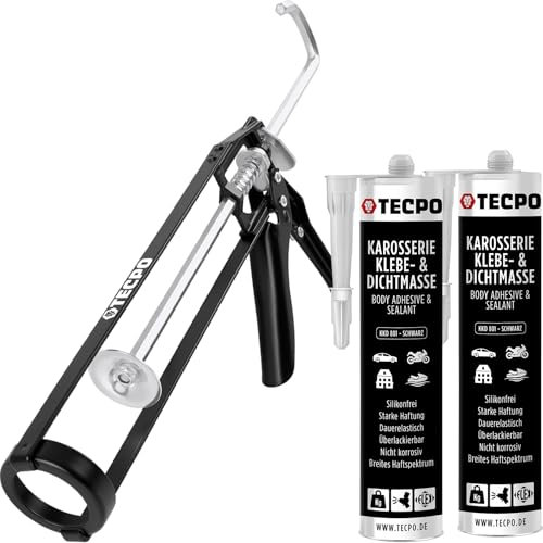 TECPO Klebe- und Dichtmasse, 2X 370g schwarz Karosseriekleber mit Skelett Kartuschenpresse