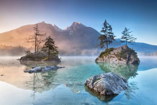 A.S. Création Fototapete Bergsee 3,75 m x 2,50 m - WALLLOVE Tapete mit Landschaft in Blau, Grau inkl. Kleister - DD129570