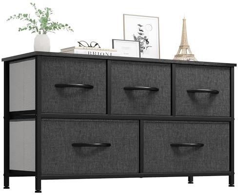 YITAHOME Kommode,Kommode mit 5 Schubladen,Schrank,Stoffschubladen mit Griffen,Metallgestell,Dauerhaft,Schwarz Grau