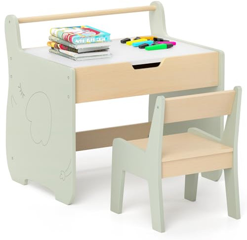COSTWAY Kids Table and Chair Set, Wooden Children Table with Reversible Blackboard Tabletop, Paper Roll Holder, Toddler Activity Furniture for Learning, Drawing, Playing (Green)