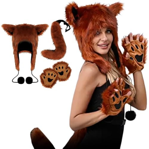 Duohropke Kunstfell Wolf Fuchsschwanz Hut und Handschuhe Set Halloween Weihnachten Fancy Party 3 Set Cosplay Kostüm