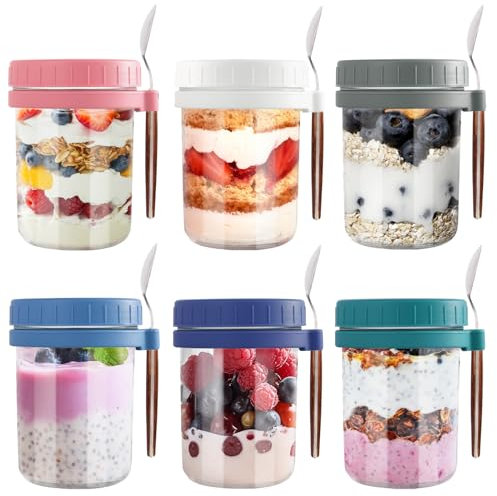 Aevcvok 6 Overnight Oats Jar, 400ml Pot Overnight Oat Verre, Bocal en Verre avec Couvercle et Cuillère, Bocaux pour Overnight Oats, Yaourts, Puddings, Salade
