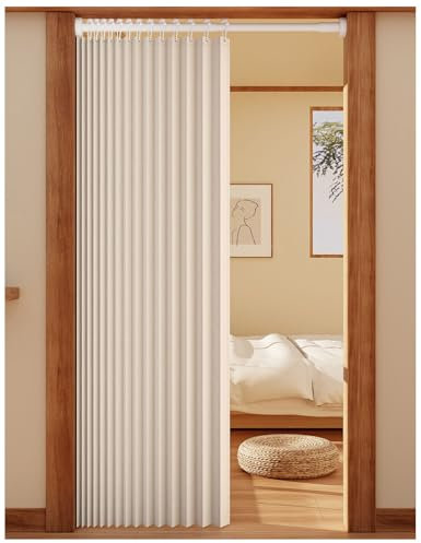 APMOE Türvorhang mit Teleskopstange, Ohne Bohren Türvorhang Kälteschutz, Raumteiler Vorhang Schallschutz Falttüren Innentüren(Weiß,Rod 80-100cm/curtain 100x180cm)