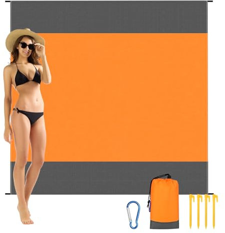 AYBUY Stranddecke Sandfrei, Outdoor Decke Ultraleicht Picknickdecke Wasserdicht, 210 × 200cm Sand Campingdecke, Zeltunterlage Strandtuch Strandmattet für den Wandern Campen (Orange+Grau)