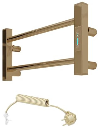 Elna Kompakter Handtuchheizkörper Gold 35W – 205 x 530 mm – Elektrisch für Wohnmobil, Gartenhaus, Tiny House – Edelstahl – Mit Timer, Thermostat & IP44 – Mini Wandheizung für flexible Nutzung