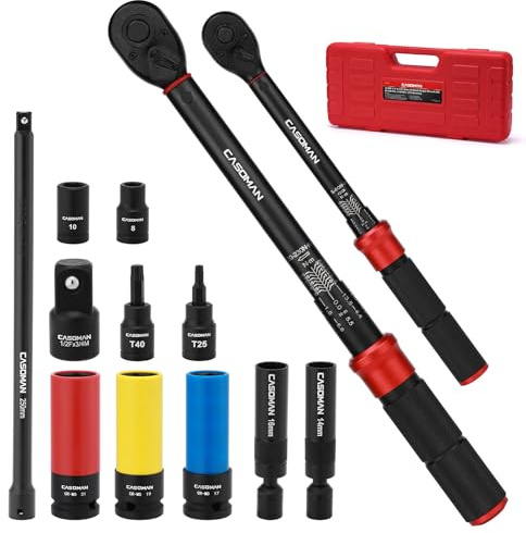 CASOMAN 13 PCS 1/2 & 3/8 Drive 72 Teeth Torque Wrench Set, 20-220 Nm, 5-60 Nm, with Extension Bar, Adapter, Wheel Impact Socket, Magnetic Spark Plug Socket, Torx Bits and Shallow Sockets, CR-V