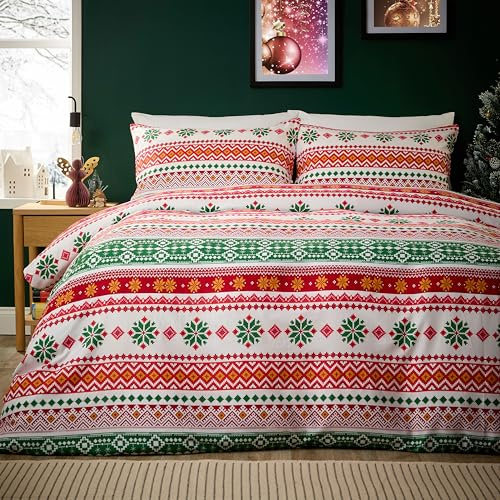 Olivia Rocco Christmas Duvet Cover Set Festive Bedding Quilt Cover Xmas with Pillowcases Reversible Design Easy Care Bed Linen Sets, Fair Isle Multi, King