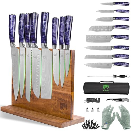 FULLHI 15-Piece Knife Set with Knife Block Holder, Stainless Steel Knives Cutlery Set, Ergonomic Handles Chef Knife Set for Professional and Home Cooking (Purple Resin)