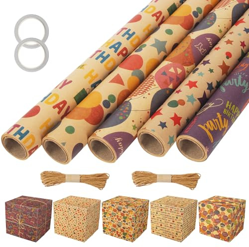 Geschenkpapier Geburtstag 5 Rollen, 43 cm x 300 cm Glitzernde Öko Kraft Geschenk Papier zum,Natur Geburtstagspapier mit Braun and Bunte Gemischtes Muster,Geschenkpapier kinder Set zum Geschenk