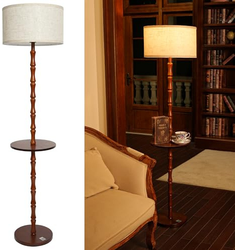 LuminexDesigns Vintage Stehlampe aus Holz mit Ablage, Walnuss, WOVI FL13 | 161cm Stehleuchte Retro mit 3 Farbtemperaturen, Fußschalter & Stoffschirm, E27 Lampe inklusive, für Wohnzimmer, Schlafzimmer