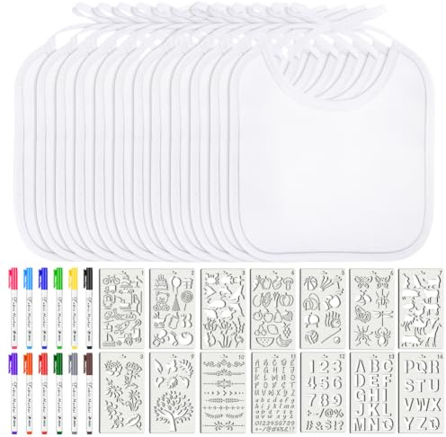Vicloon Baby Lätzchen zum Bemalen, 12 Stück Weiß Babylätzchen baumwolle zum Bemalen mit 12 Textilstifte und 14 Malen Schablonen, Geschenk für Babyshower Party DIY, für Mädchen/Junge (20 * 17.5 cm)
