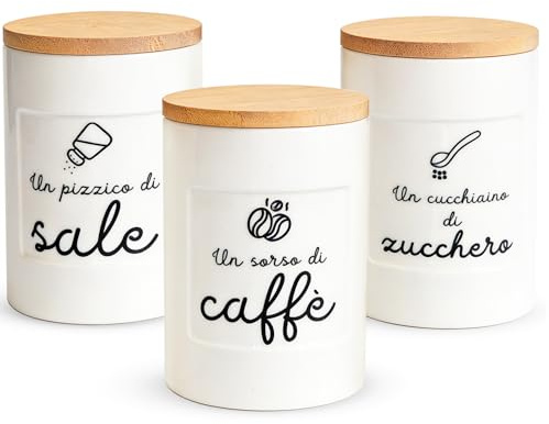 WELCOMAT, Set Barattoli Ceramica Sale Zucchero Caffè - 11cm / 600 ml - Idee Regalo Cucina, Barattolo con Chiusura Ermetica, Descrizione Simpatica, Contenitori, Vetro e Legno, Porta spezie