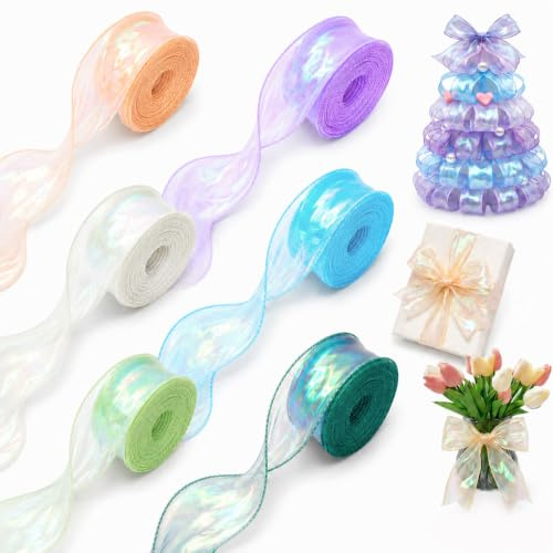 6 Rolls 40mm Organza Gift Ribbon, Transparent Schleifenband, Iridescent Chiffonband Breit, Geschenkband Glitzernd, Chiffon Ribbon for Geschenkverpackung, Hochzeit, Invitations, Crafts, Bouquet
