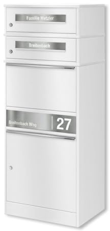 Metzler Paketbox mit 2 Briefkästen – Doppel-Briefkasten mit Paketfach & Namensgravur, personalisierte Blenden aus Edelstahl – Outdoor Paketbriefkasten draußen XXL – Weiß – Modell Bispo
