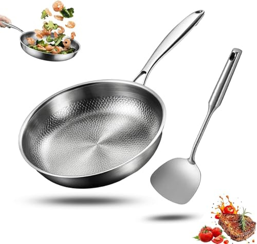 Generisch Poêle à frire en titane avec spatule, poêle à frire antiadhésive martelée pour la cuisson, poêle en titane non revêtu, poêle en titane Pro à induction (Sans couvercle, 26cm)