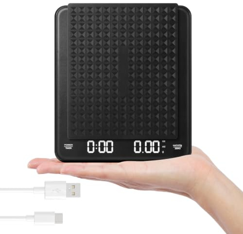 Kaffeewaage mit Timer, Digitale Espressowaage 0,1 g Präzision bis 3 kg, Coffee Scale mit Silikonmatte, USB-C Wiederaufladbar, Mini Barista Waage für Espresso, Pour Over und Küche