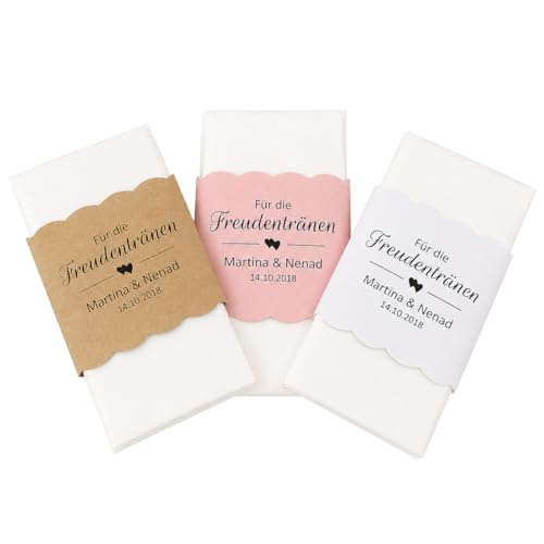 Personalisierte Taschentuch Banderole Hochzeit – Für die Freudentränen – Serviettenbanderole mit Klebepunkt – 130 x 55 mm – 26 Farben