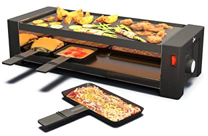 SUNTEC Raclette Grill RAC-8625 turbo raclette – Tischgrill für 8 Personen – Pizza Funktion – 8 kleine Pfannen + 4 große für Pizzen + 8 Spatel als Zubehör Set – Doppelseitige Grillplatte – 1450 Watt
