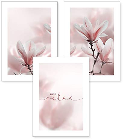 Kreative Feder 3-teiliges Premium Poster-Set | Magnolie | Deko Bild für Ihre Wand | optional mit Rahmen | Wohnzimmer Schlafzimmer Modern Fine Art | DIN A4 / A3 (A3, ohne Rahmen)