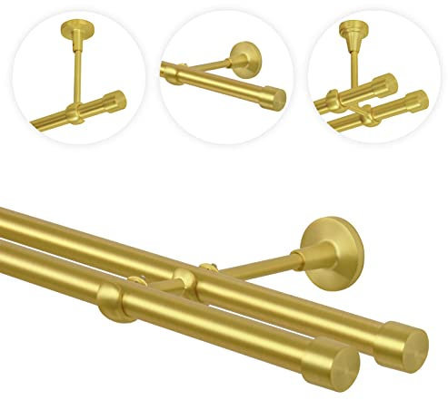 Gardinenstange Vorhangstange 140 cm 2 läufig 19mm Gold-Matt Messing Antik Vintage-Look Retro-Stil Endkappe Wandbefestigung