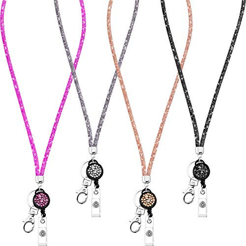 Frienda Pieces Kristall-Lanyard-Halskette mit einziehbarem Ausweishalter und Schlüsselring, Ausweishalter, glitzerndes Strass-Kristall-Lanyard-Band in Schwarz, Grau, Champagnergold, Rosérosa