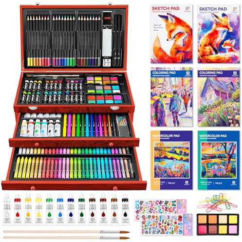 POPYOLA Art Supplies, 180 Piece Drawing Painting Art Kit with Clipboard and Coloring Papers, Gifts Art Set Case with Oil Pastels, Crayons, Colored Pencils, Watercolor Cakes (Gray)