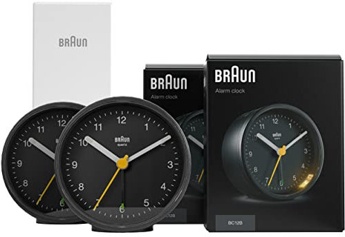 Braun Klassischer analoger Wecker mit Schlummerfunktion und Licht, ruhiges Quarzuhrwerk, Crescendo-Alarm in Schwarz, Modell BC12B (2 Pack)