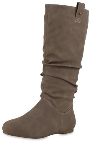VAN HILL Damen Schlupfstiefel Warm Gefütterte Stiefel Nieten Wildleder-Optik Schuhe Flache Slouch Boots 610609 Khaki 40
