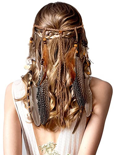 XunYee Feather Headband Hippie Headband for Women Hippie Accessories Indian Headband Feather Hair Accessories for Costume (Classic Style)