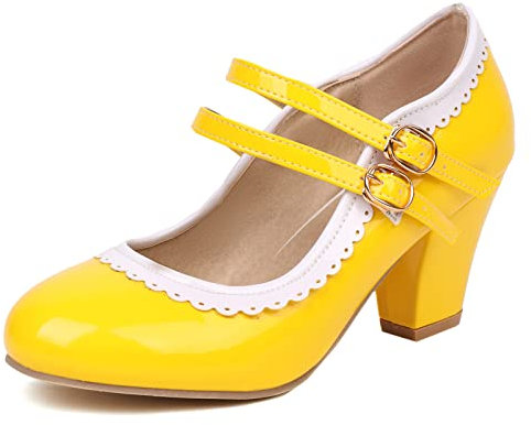 Lizoleor Patent Mary Jane Women Ankle Strap Block Heels Party Shoes Closed Toe Wedding High Heeled Pumps Prom Yellow Size 5 UK/39