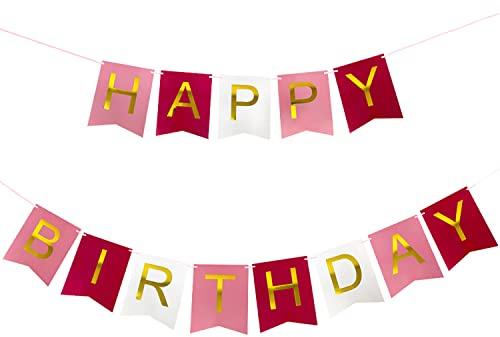 Oblique Unique® Happy Birthday Girlande Banner - Pink Rosa Weiß Gold - für Kinder Geburtstag Kinderzimmer Party Deko Hängedeko für Mädchen