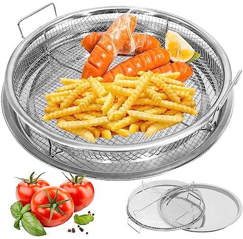 GCQ Air Fryer Basket for Oven,2 Pieces Set Round Silver 12.9'' Non-stick Steel Mesh Air Fryer Baking Tray Accessories Rack Roasting Grill Basket for Convection Oven Air Fryer, Dishwasher Safe