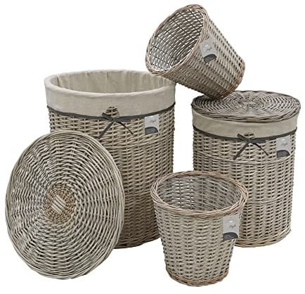 JVL Arianna Round Willow Baskets, Set of 2 Laundry Baskets and 2 Waste Paper Bins