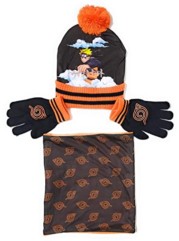 REQUETEGUAY Gorro, Bufanda tubular y Guantes Naruto para niños | Set de invierno Naruto, Gorro, Braga de Cuello con forro interior y Guantes