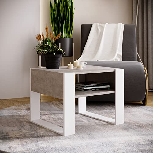 MRBLS Couchtisch – modernes rustikales Design – Wohnzimmer-Tisch Beistelltisch Kaffeetisch Sofatisch Teetisch aus Holz (Beton - Weiß Matt) - 65 x 45 x 53,6cm (B/H/T)