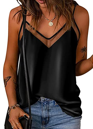 Onsoyours Donna Estiva Canotta in Raso di Seta Cami Plain Strappy Vest Camicetta Tank Top Shirt V-Neck Spaghetti Strap Canottiera Senza Maniche